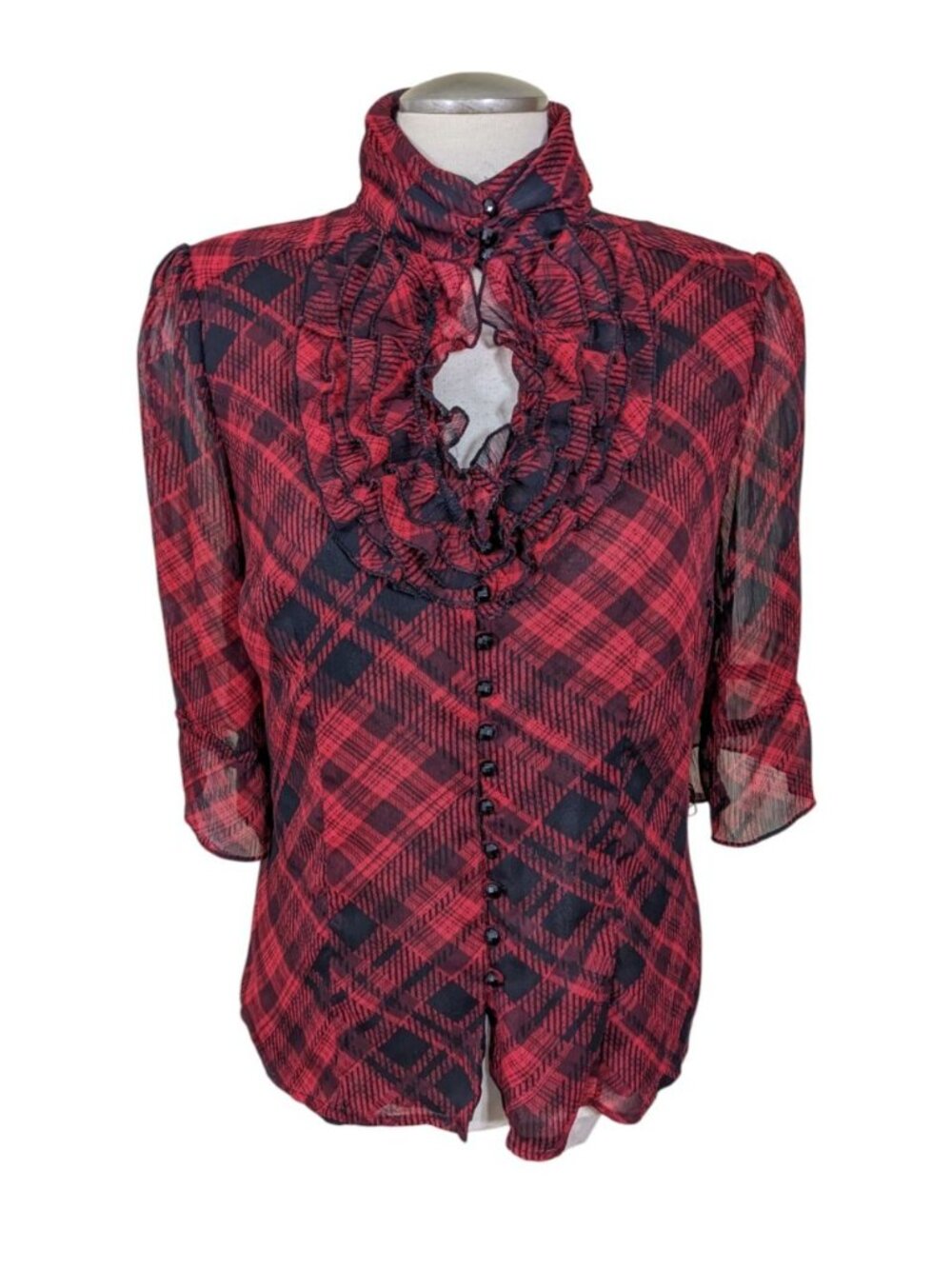 Womens Semi Sheer Red Plaid Ruffle Button Down Top Large Academia Mock Neck Fall